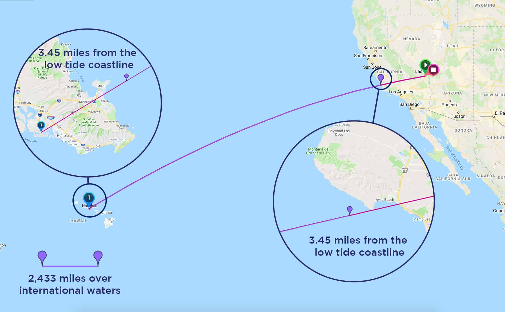 Map of a flight over international waters